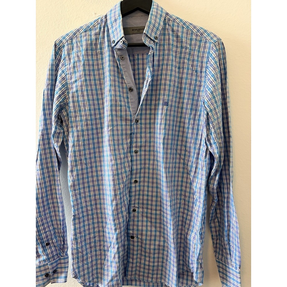 Givenchy Men Long Sleeve Button Down Shirt Size Small Blue Plaid Check 4G Logo